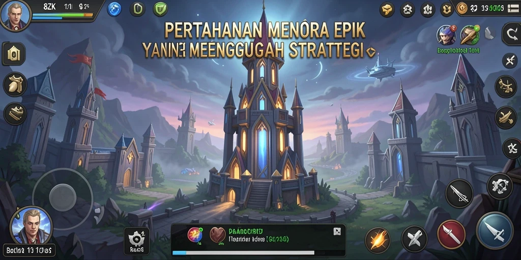Tampilan gameplay 8ZK yang memukau dengan menara strategis.