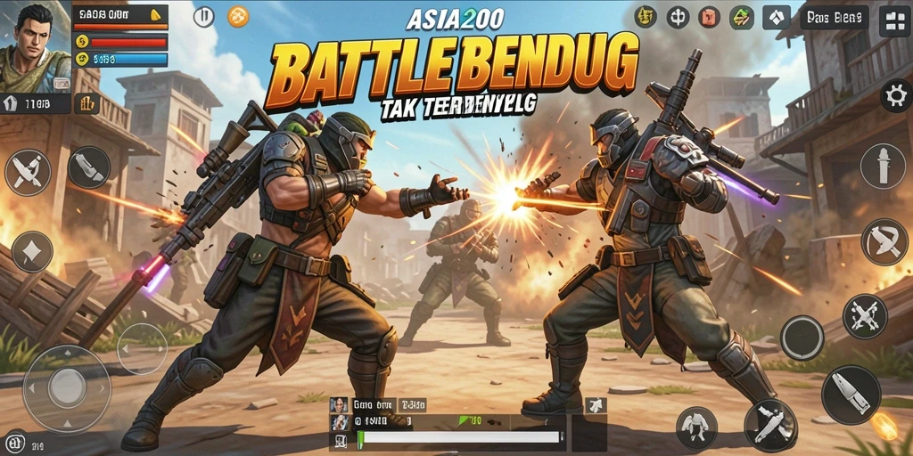 Screenshot utama ASIA200 menampilkan aksi intens Battle Royale.