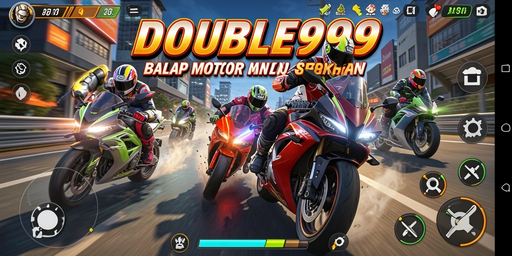 Tampilan gameplay DOUBLE999: balapan motor dengan grafis menakjubkan.