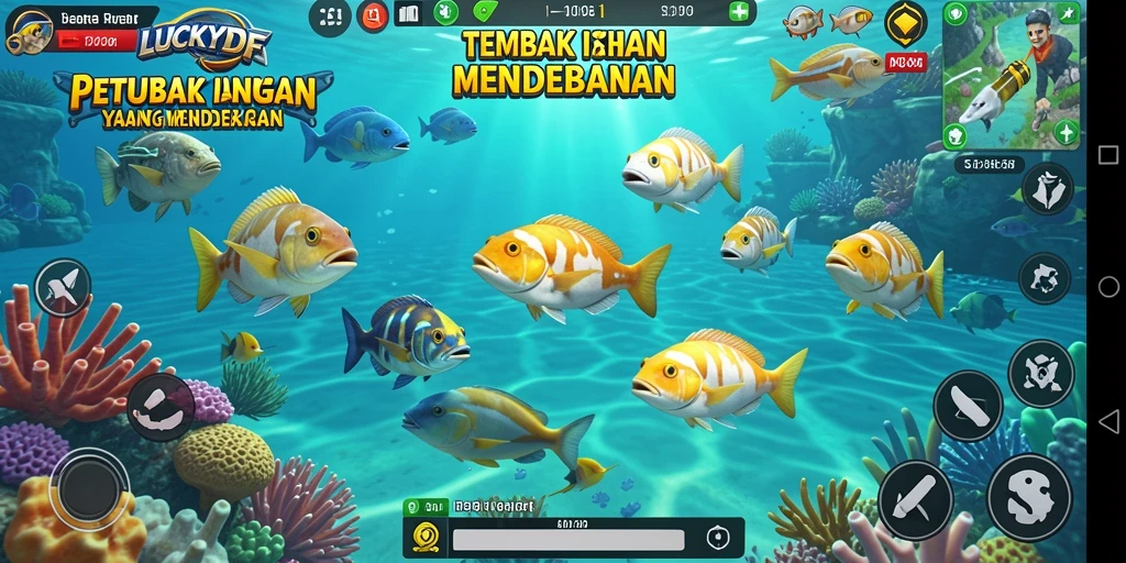 Tangkapan layar gameplay mendebarkan LUCKYDF saat menembak ikan.