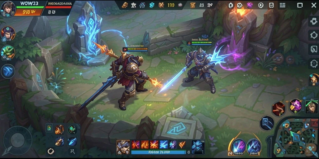 Tangkapan layar WOW33 menampilkan aksi gameplay MOBA yang intens.